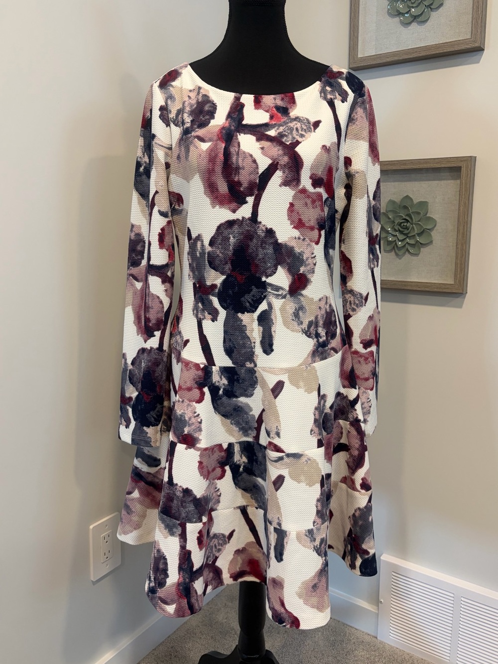 Ivanka Trump Abstract Floral Print Long Sleeve Drop Waist Dress